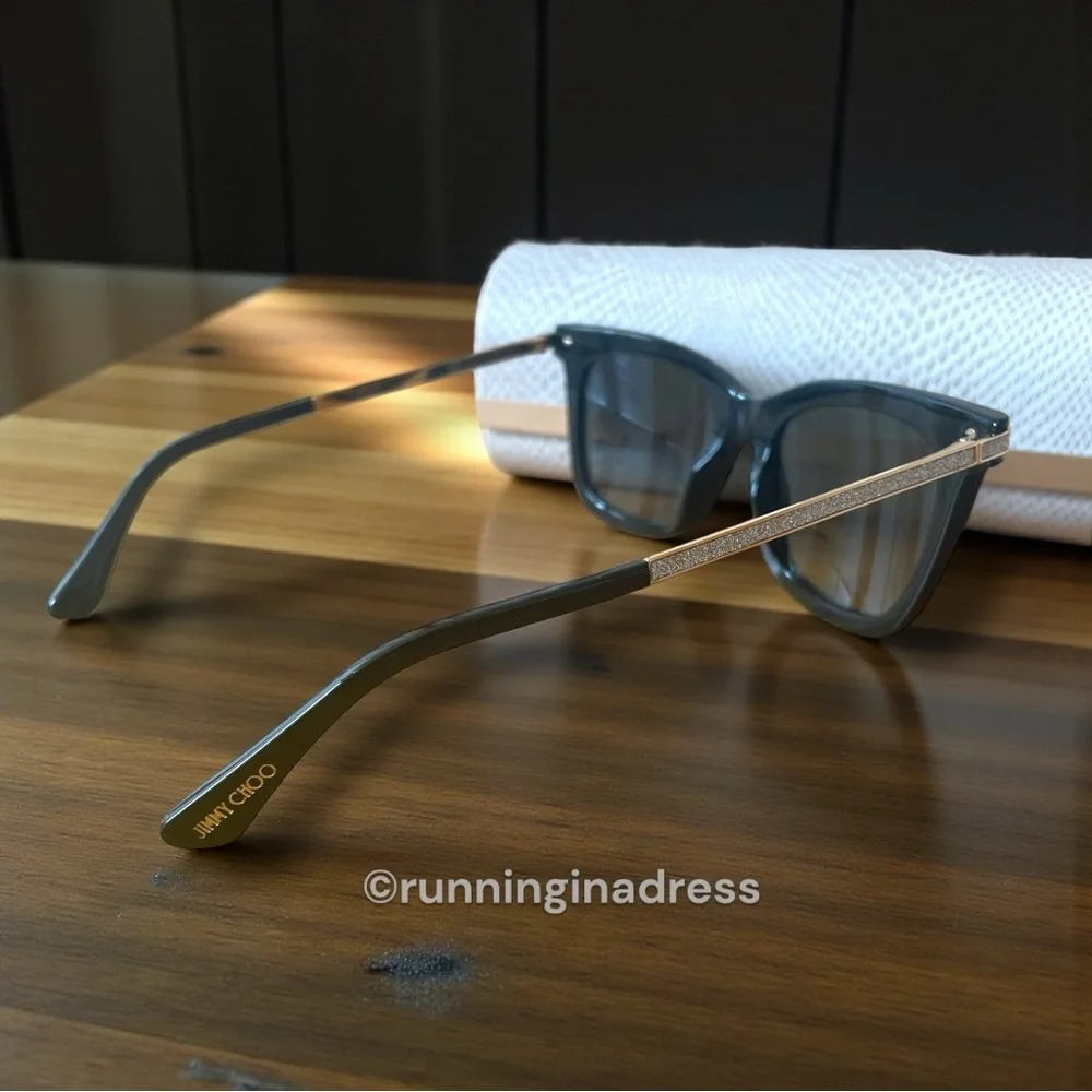 New In Case Jimmy Choo Olye Square Sunglasses In Black & Gold Glitter Accent